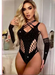 Body De Malla Melissa Con Guantes Negro - Talla Única