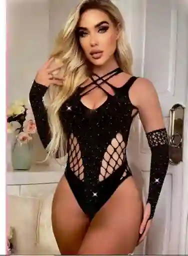 Body De Malla Melissa Con Guantes Negro - Talla Única