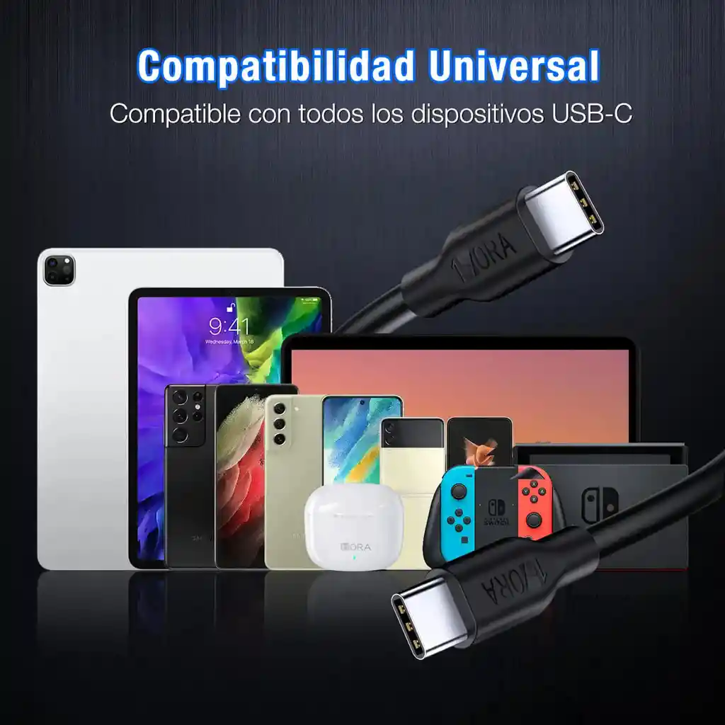 Cable De Datos Tipo C A Tipo C 1hora 1 M Pvc Duradero Usb 2.0 Turbo 3a Cable Carga Rápida Compatible Con Móviles, Tabletas Negro