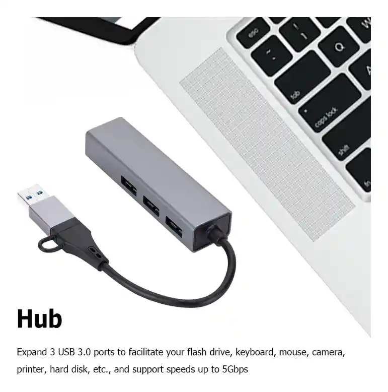 Hub Usb 3.0 Con Puerto Ethernet 1000mbs Rj45 + Adap A Tipo C