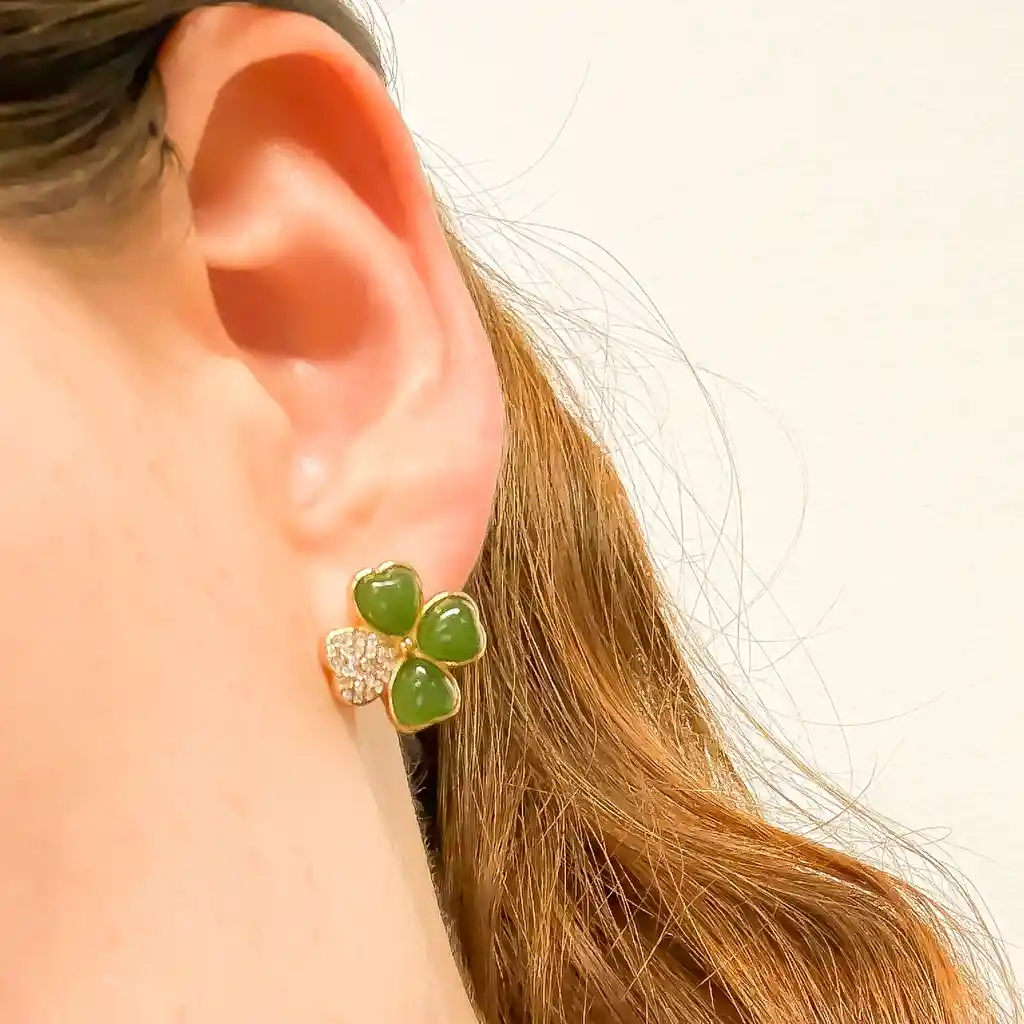 Aretes Opalo Natural Trebol Plata S925 Con Baño Oro