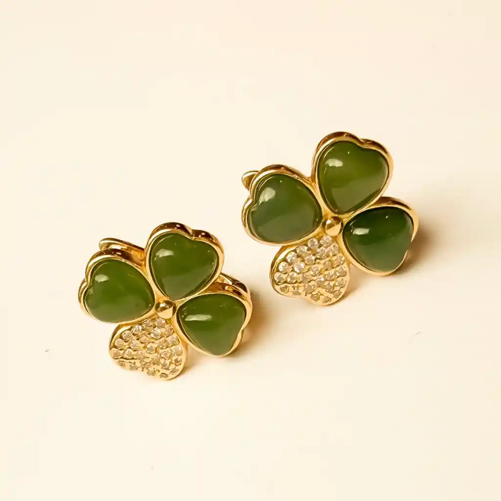 Aretes Opalo Natural Trebol Plata S925 Con Baño Oro