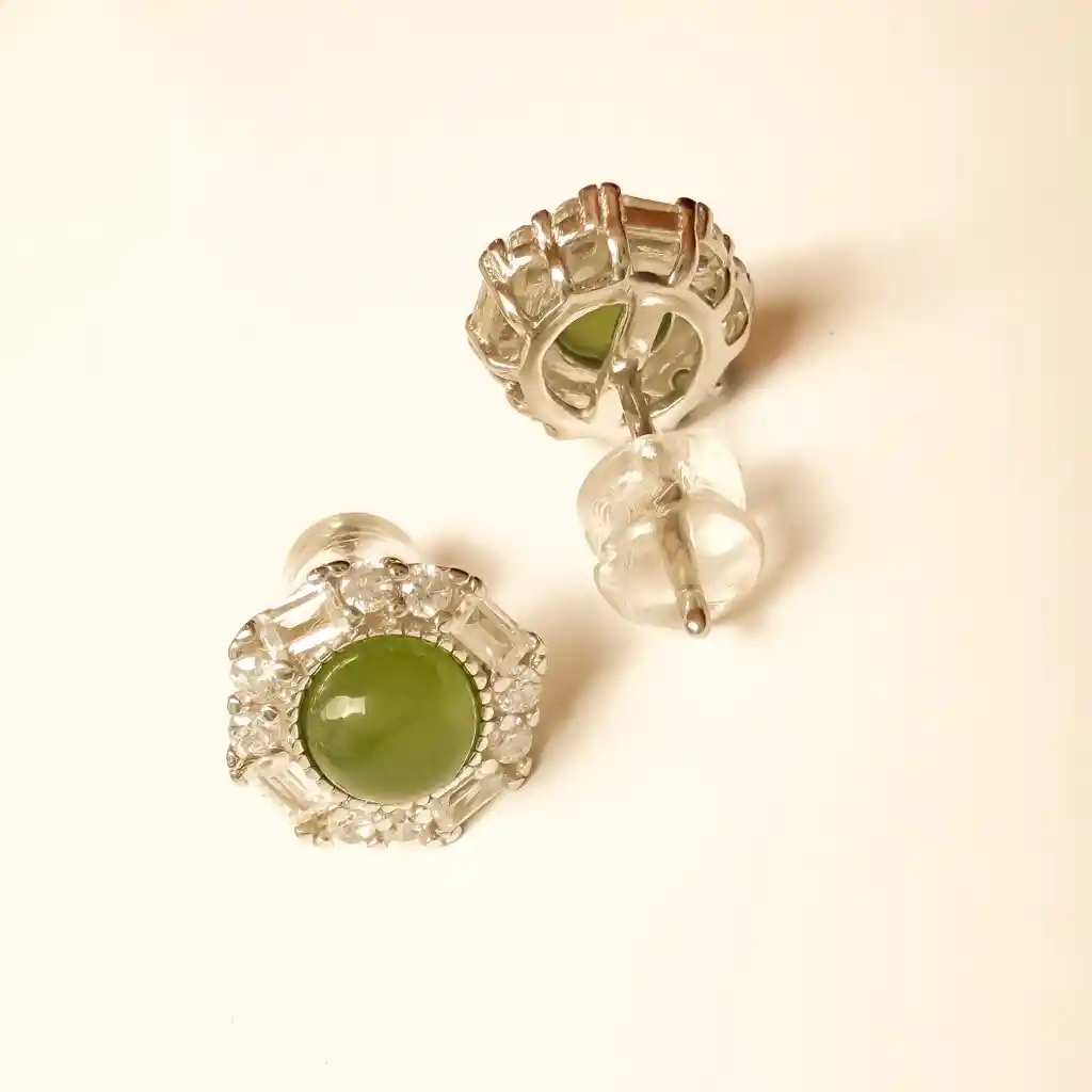Aretes Jaspe Verde Natural En Plata S925 Con Zirconitas