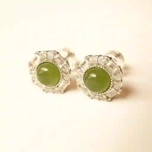 Aretes Jaspe Verde Natural En Plata S925 Con Zirconitas