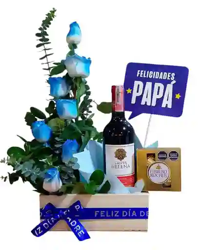 Arreglo En Rosas Azules, Con Botella De Vino Y Chocolates