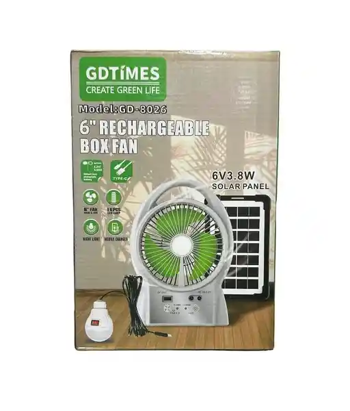 Ventilador Panel Solar Recargable Gd Times Un Bombillo