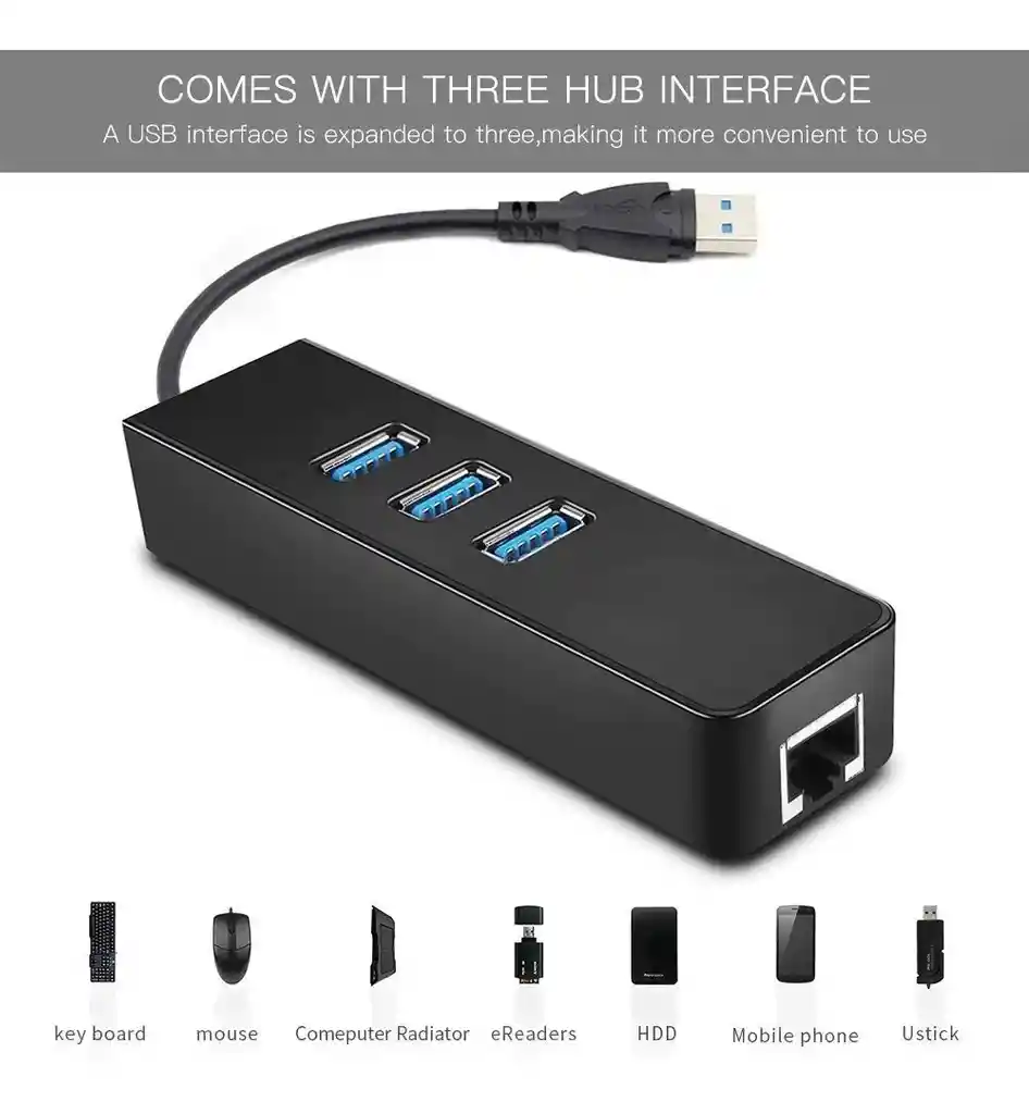 Hub Usb 3.0 De 3 Puertos Con Adaptador De Red Interntet-rj45