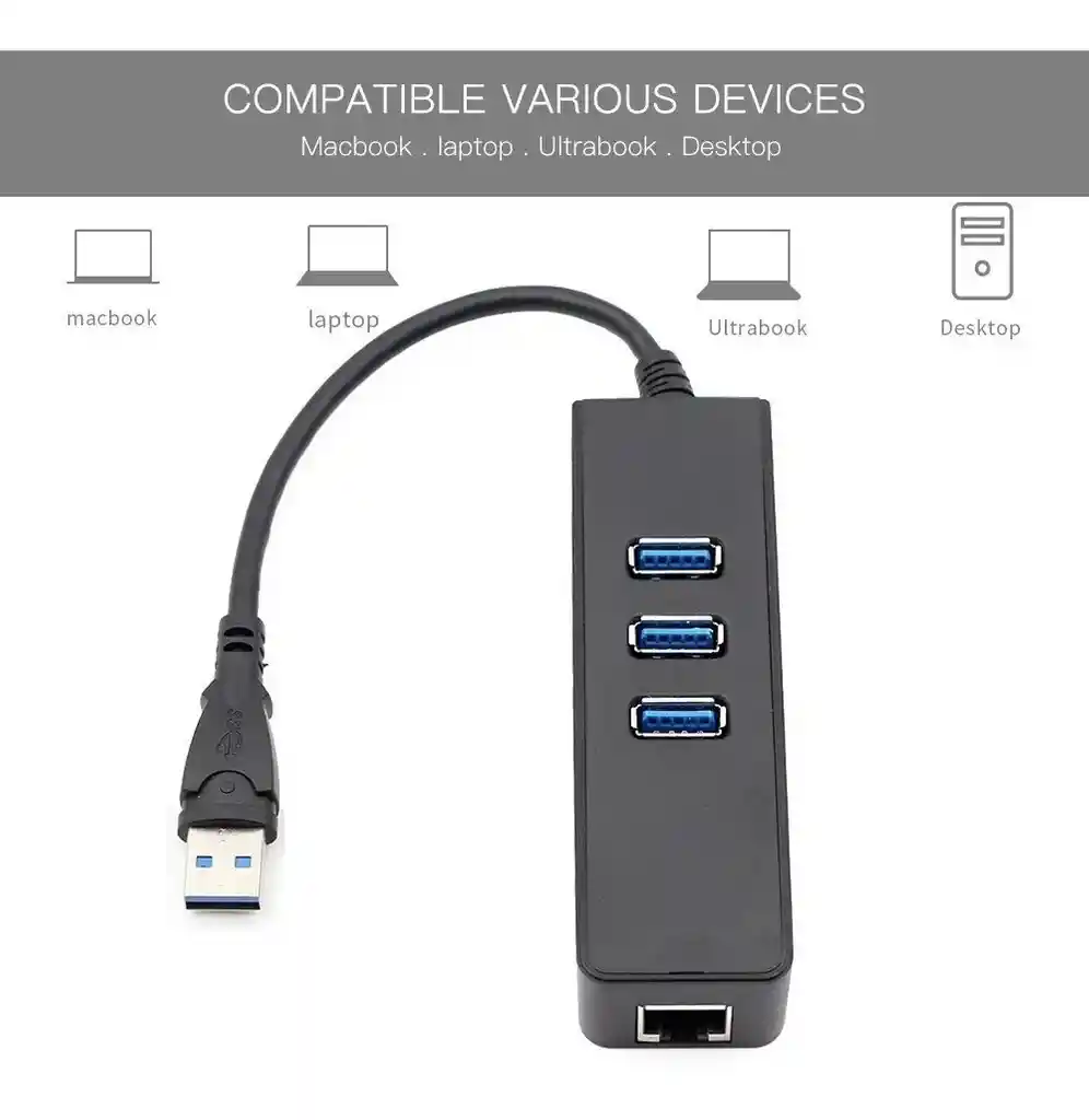 Hub Usb 3.0 De 3 Puertos Con Adaptador De Red Interntet-rj45