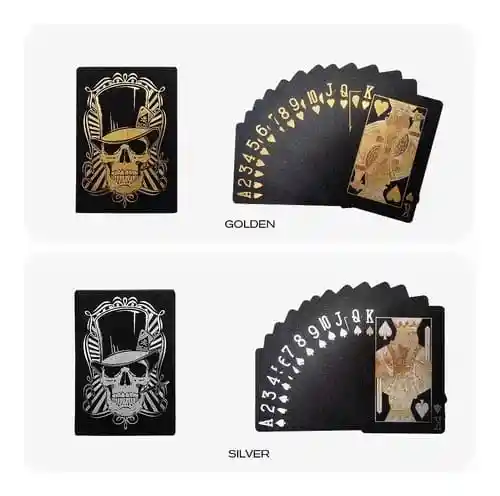 Cartas Poker Negras Calavera Dorada Mazo Ultra Fino Impermeable