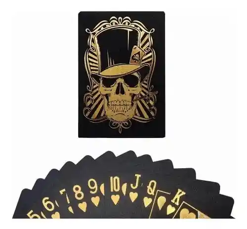 Cartas Poker Negras Calavera Dorada Mazo Ultra Fino Impermeable