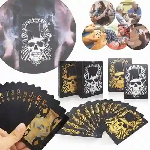 Cartas Poker Negras Calavera Dorada Mazo Ultra Fino Impermeable