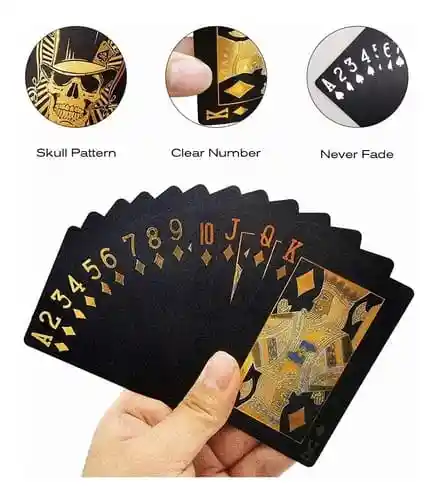 Cartas Poker Negras Calavera Dorada Mazo Ultra Fino Impermeable