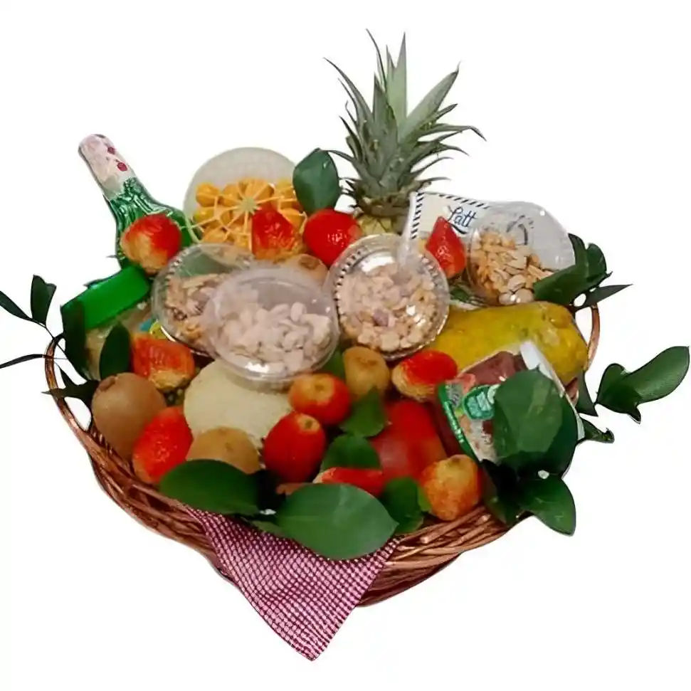 Canasta Con Frutos Secos, Frutas Y Vino