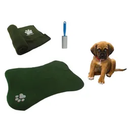 Tapete Con Forma De Hueso + Cobija Grande + Quitamotas Verde