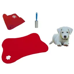 Tapete Con Forma De Hueso + Cobija Grande + Quitamotas Rojo