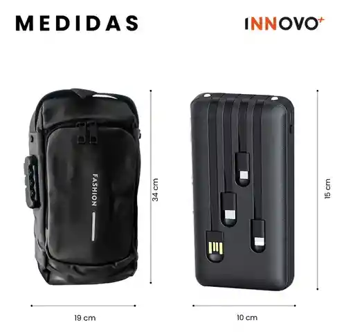 Bolso Manos Libres Antirrobo Con Clave Hombre Color Negro Con Power Bank 10.000