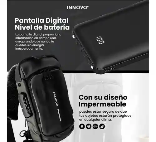 Bolso Manos Libres Antirrobo Con Clave Hombre Color Negro Con Power Bank 10.000