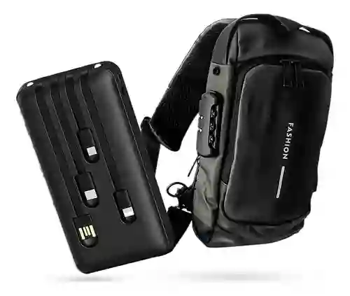 Bolso Manos Libres Antirrobo Con Clave Hombre Color Negro Con Power Bank 10.000