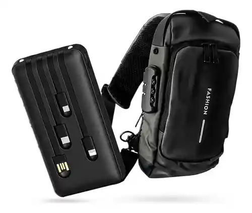 Bolso Manos Libres Antirrobo Con Clave Hombre Color Negro Con Power Bank 10.000