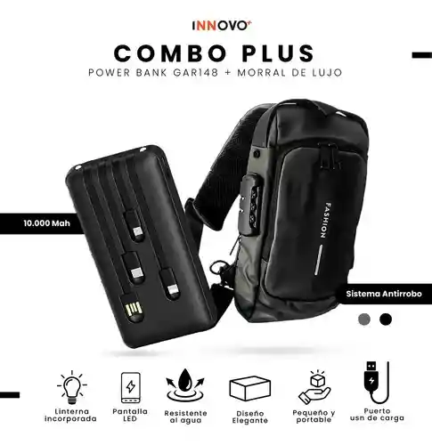 Bolso Manos Libres Antirrobo Con Clave Hombre Color Negro Con Power Bank 10.000