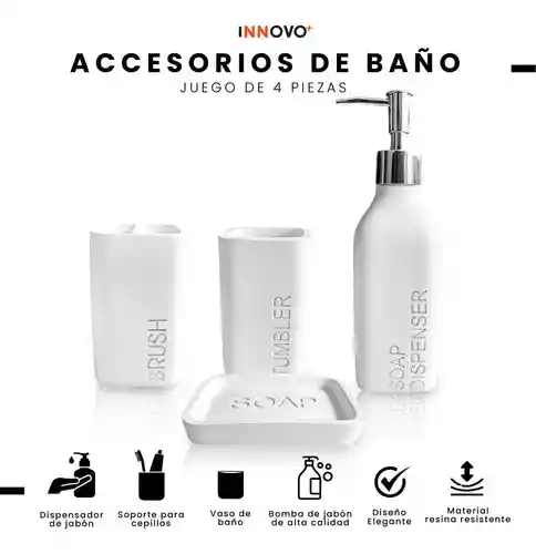 Organizador De Baño 4 Piezas De Lujo Con Dispensador De Jabón Premium Blanco
