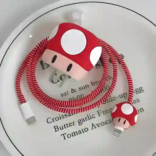 Kit Protector Funda Forro Hongo Toad Super Mario Bros Cargador Iphone 20w