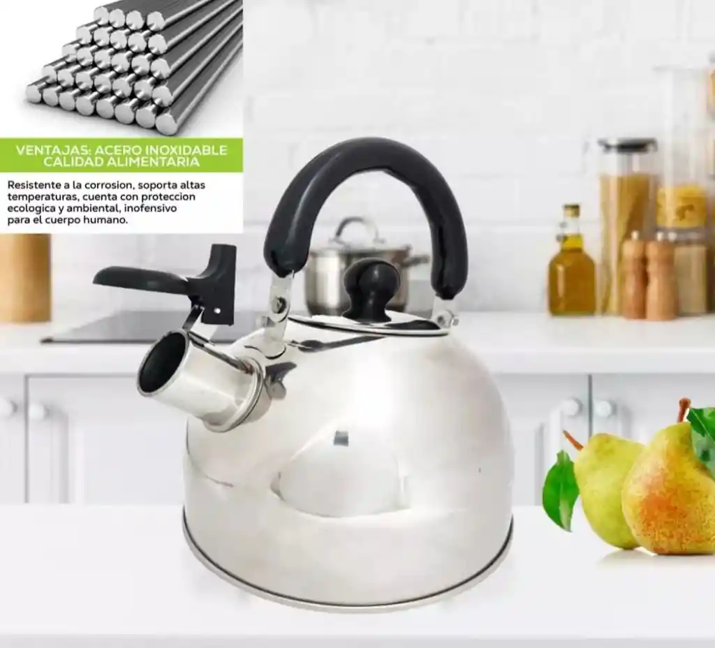 Tetera 2.5 Litros Acero Inoxidable Con Silbato Plateada 18/10 Hervidor De Agua