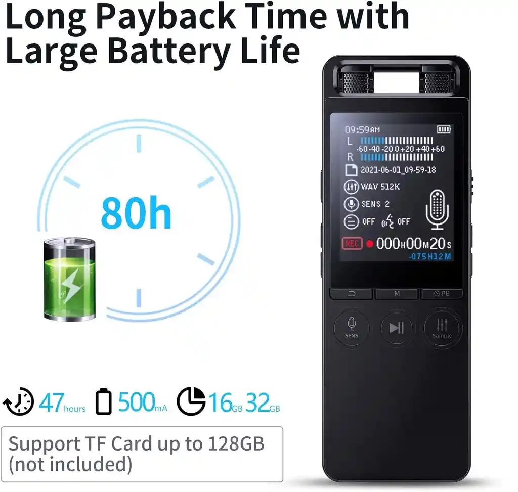 Grabadora De Voz Recargable Grabación De Llamadas 64gb