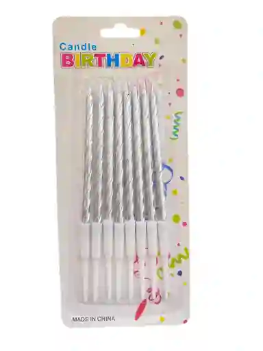 Vela Fiesta Rayas Plateada 8un De 12cm