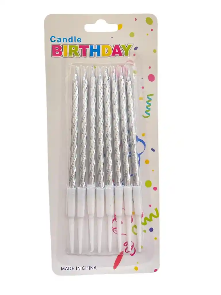 Vela Fiesta Rayas Plateada 8un De 12cm