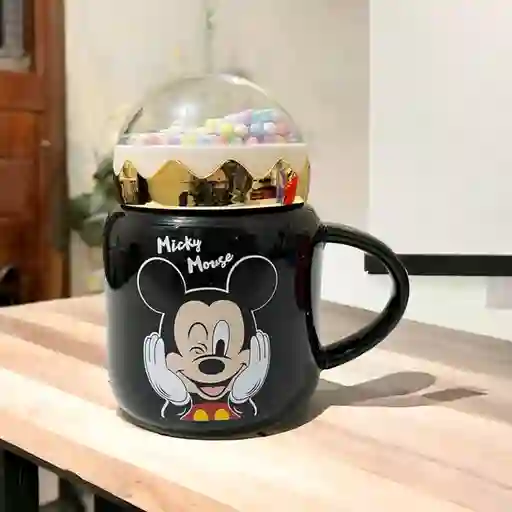 Mug Taza Coleccionable Micky Mouse Kawaii Tapa Transparente Icopor Negro