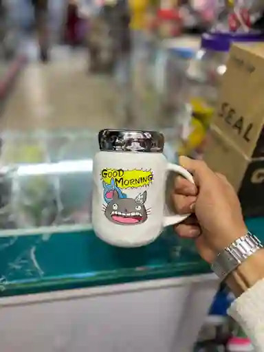 Mug Taza Coleccionable Tapa Espejo Totoro Good Morning Blanco
