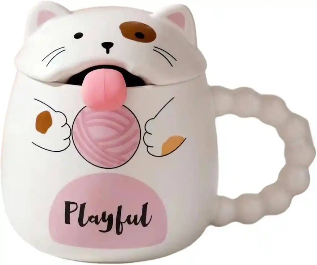 Mug Taza Coleccionable Gato Saca Lengua Kawaii Blanco