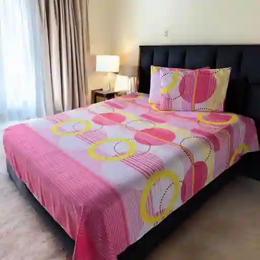 Juego De Sábanas Estampadas En Poliéster Tamaño Doble Circulos Rosa