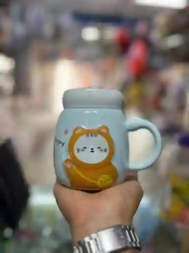 Mug Taza Coleccionable Gatito Happy Kawaii Tapa Espejo Azul