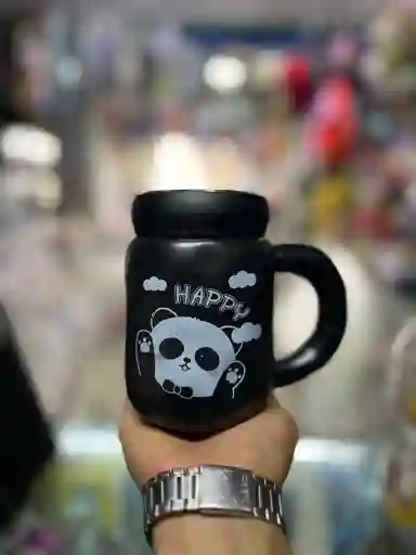 Mug Taza Coleccionable Panda Happy Kawaii Tapa Espejo
