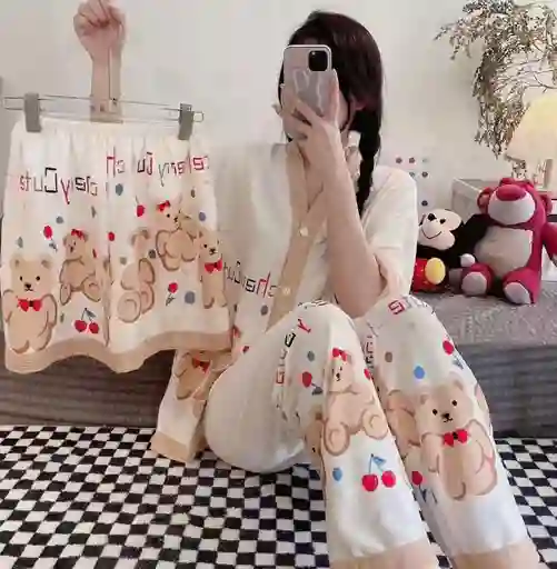 Pijama Tres Piezas Oso Talla Única (camisa Botón + Pantalón + Short)