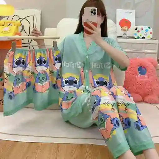 Pijama Tres Piezas Stitch Talla Única (camisa Botón + Pantalón + Short)