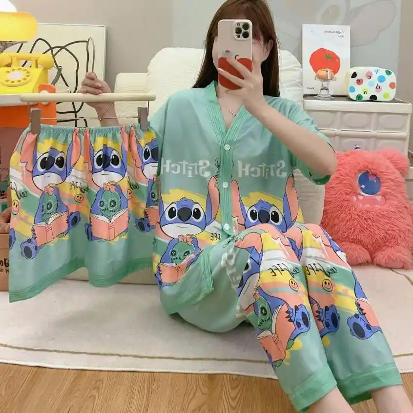 Pijama Tres Piezas Stitch Talla Única (camisa Botón + Pantalón + Short)