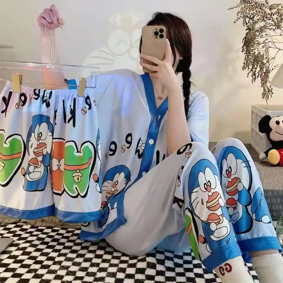 Pijama Tres Piezas Doraemon Talla Única (camisa Botón + Pantalón + Short)