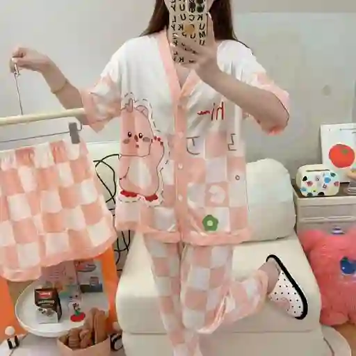 Pijama Tres Piezas Oso Talla Única (camisa Botón + Pantalón + Short)