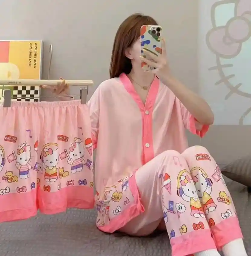 Pijama Tres Piezas Hello Kitty Talla Única (camisa Botón + Pantalón + Short)