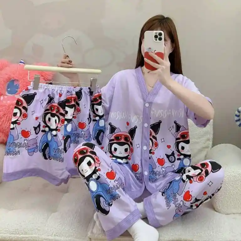 Pijama Tres Piezas Kuromi Talla Única (camisa Botón + Pantalón + Short)