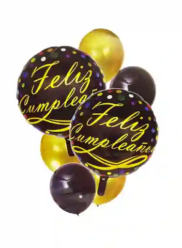 Bouquet Globo Metalizado 7 Piezas Feliz Cumpleaños Negro / Dorado