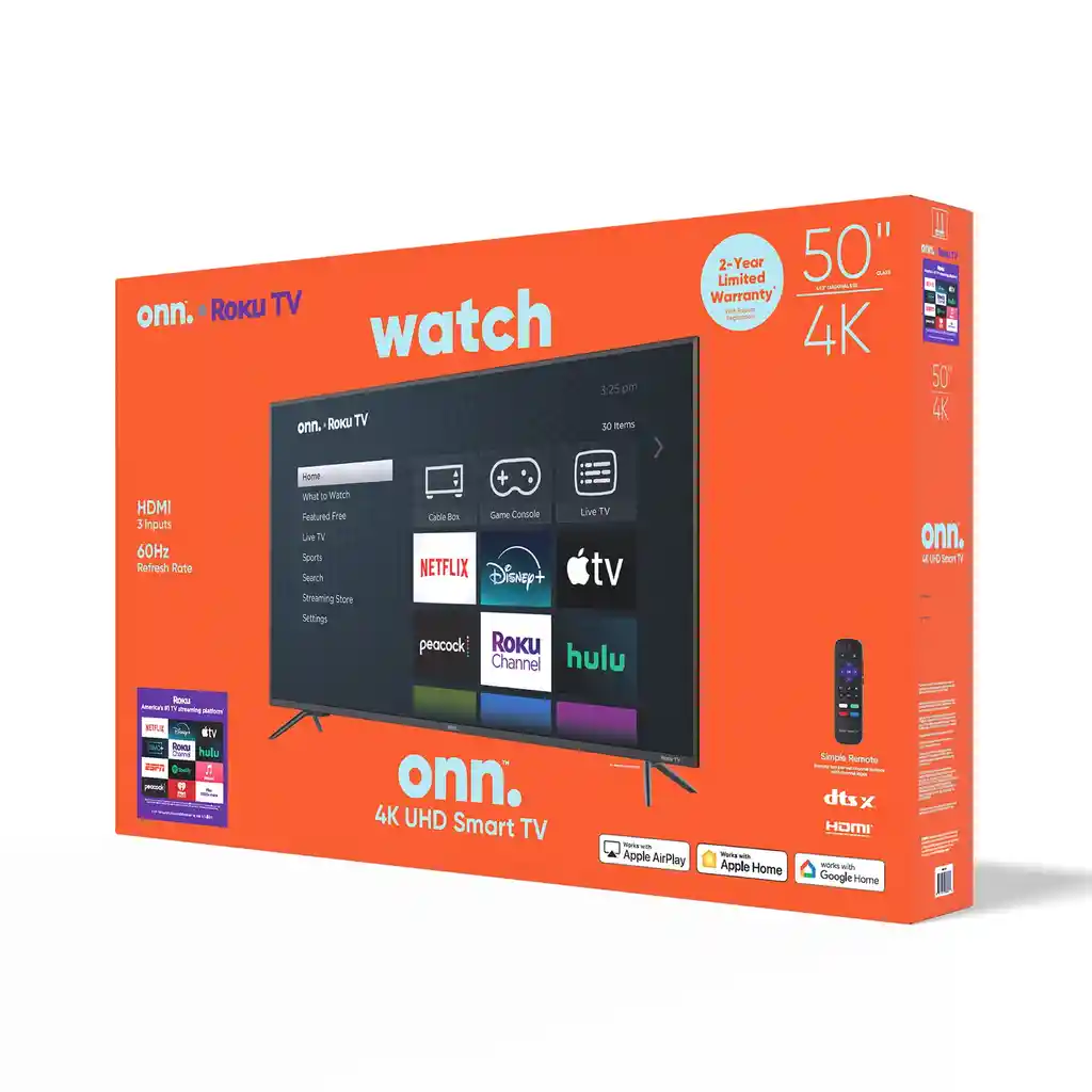Onn 50” Clase 4k Uhd (2160p) Led Roku Smart Televisión Hdr (100012585)