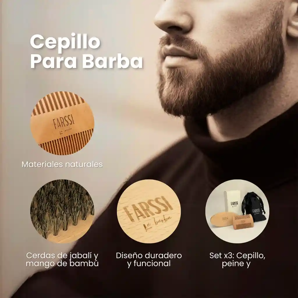 Set X3 Barba Cepillo Cerdas Jabalí + Peinilla Peine Madera + Bolsa