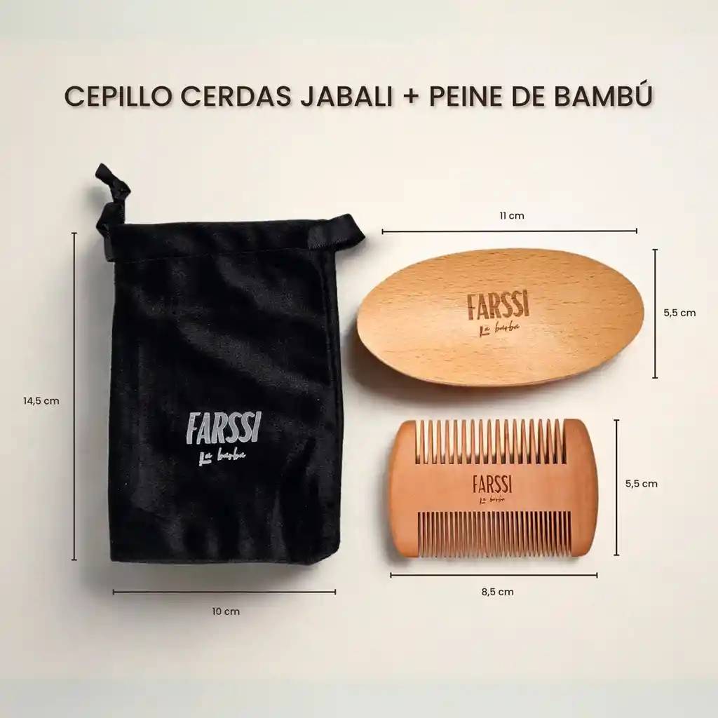 Set X3 Barba Cepillo Cerdas Jabalí + Peinilla Peine Madera + Bolsa