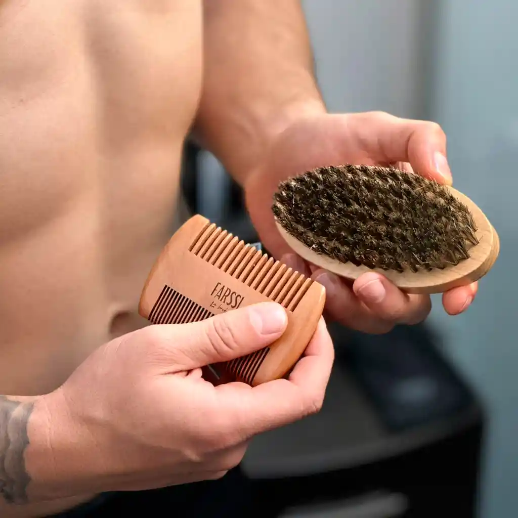 Set X3 Barba Cepillo Cerdas Jabalí + Peinilla Peine Madera + Bolsa