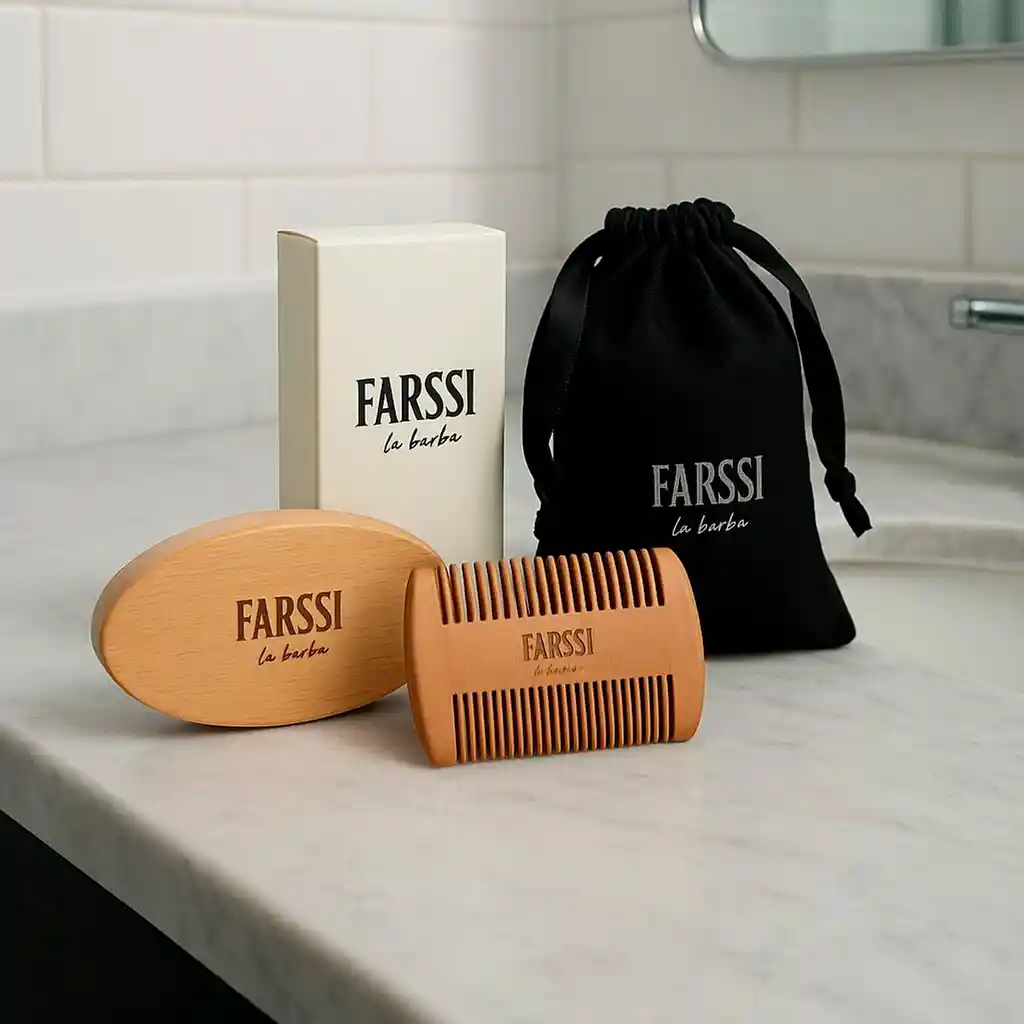 Set X3 Barba Cepillo Cerdas Jabalí + Peinilla Peine Madera + Bolsa
