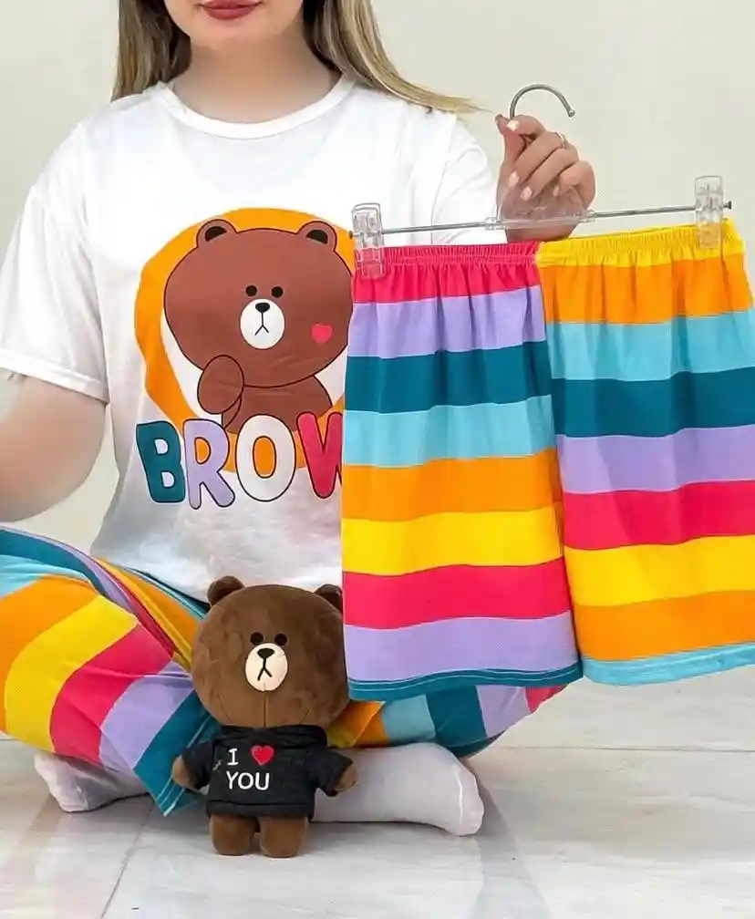 Pijama Tres Piezas Oso Brown Talla Única (camiseta + Pantalón + Short)